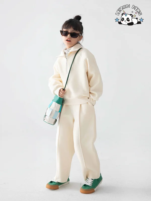 LEZONKIDS - Winter Fashion New Plain Hoodie with Collar Zipper Loose Straight Trouser Girls Girls' Sports Sweatsuit Set